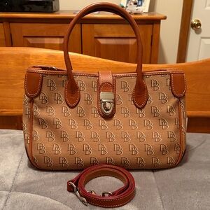 Dooney & Bourke Brown Logo Satchel with Tan Leather Trim